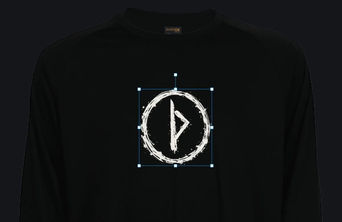 The Ulfhednar design studio: a black tee with a logo placed on the front and drag handles around it.